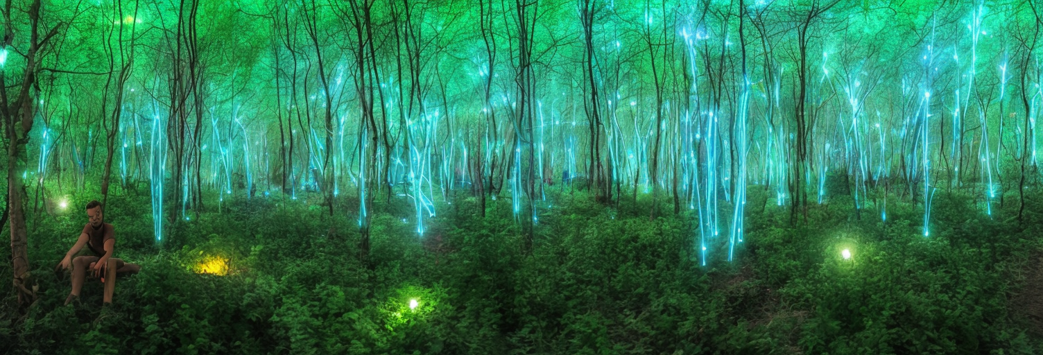 a beautiful and vivid full shot of smiling corajr stepping out from behind a tree in a bioluminescent forest with glass trees and vines linked together in a neural network